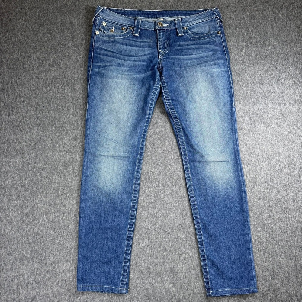 True Religion Jeans Women 30‎ Blue Skinny W/Flaps Low Rise Contrast Stitch Denim